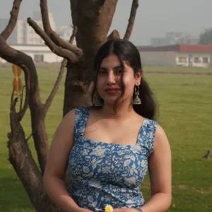 Blue Floral Cotton Short Kurti with Corset Back – Square Neck Sleeveless Kurti for Women