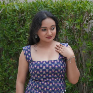 Navy Blue Pure Cotton Printed Backless Top with Corset Tie-Up Back